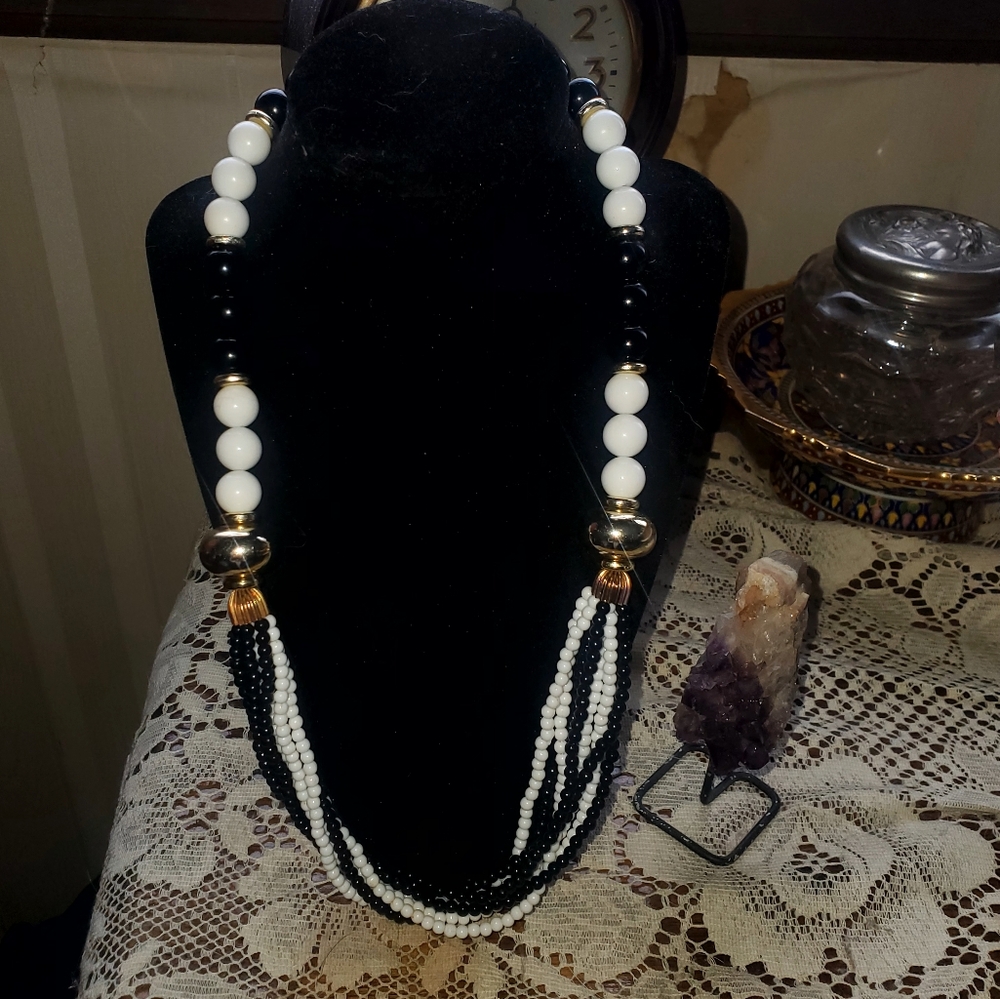 Black and White Chunky Necklace with Gold tone accents. 24" Chunky